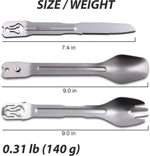 Portable 4-in-1 Camping Utensil Set: Spoon, Spork, Knife, Tongs - Stainless Steel Multi Tool for Outdoor Cooking (Grey)