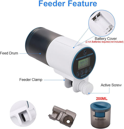 Automatic Fish Feeder, Quiet Waterproof Electric Auto Feeder, 200ml Intelligent Timer for Fish Pond Holiday