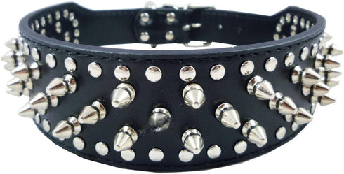 Dogs Kingdom Faux Leather Spiked Studded Dog Collar, Pitbull, Boxer, Black, L