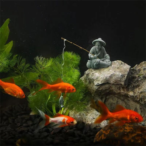 2Pcs Asian Japanese Sandstone Sitting Fishing Figurines, Mini Fisherman Statue Vintage Ornament for Fish Tank Garden