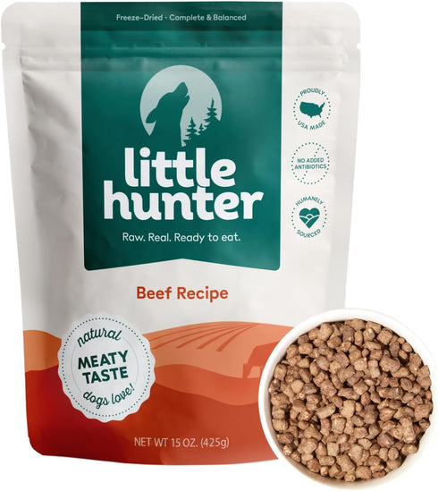 Little Hunter Freeze Dried Fresh Dog Food Raw Beef Recipe, High Protein, Small Batch, Grain Free, 15 oz