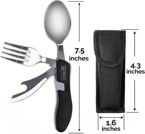 Orblue 4-in-1 Camping Utensils 2-Pack, Portable Stainless Steel Spoon, Fork, Knife & Bottle Opener Set