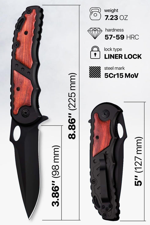 Pocket Knife - Tactical Spring Assisted Folding Knife, EDC Camping Gear for Men, Wood Handle, Sharp Blade - Father's