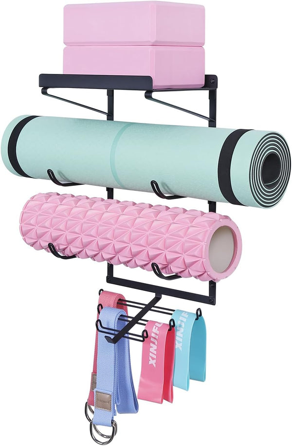Yoga Mat Holder Wall Mount, 3 Sectional Yoga Mat Storage Rack with 7 Hooks for Foam Roller and Resistance Bands