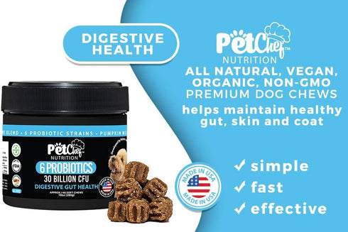 Pet Chef Probiotics Prebiotics Chew Treats for Dogs - Digestive Gut & Bowel Health Blend for Puppies and Old Dogs,