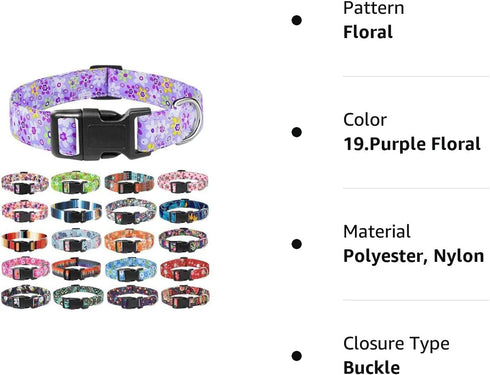 Moonpet Purple Floral Dog Collars - Adjustable Soft Bohemia Fancy Design for X-small, Small, Medium, Large Dogs