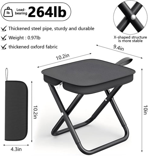 XmyNexus Portable Folding Stool for Adults, Black Lightweight Camping Seat, Compact Design for Fishing, Hiking