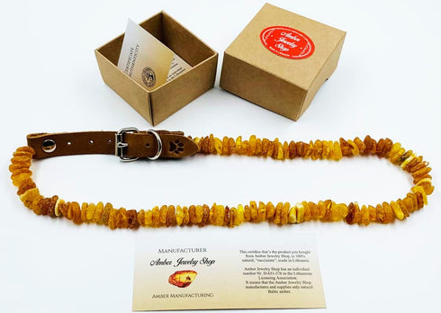 Baltic Amber Dog & Cat Collar with Adjustable Leather Strap - Raw Knotted Amber Beads for Dogs & Cats (40-45cm)
