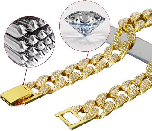 Diamond Necklace Metal Choke Dog Chain Collar, 13mm Wide Pet Jewelry for Small Medium Large Dogs Cats, Gold (14inch)