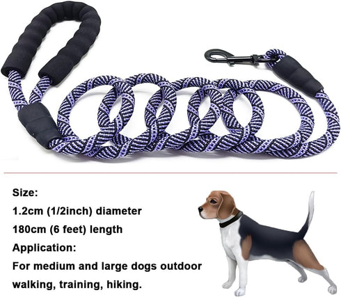MayPaw Heavy Duty Rope Dog Leash - 3/4/5/6/7/8/10/12/15 FT Nylon Pet Training Leash, Soft Padded Handle, Purple Black