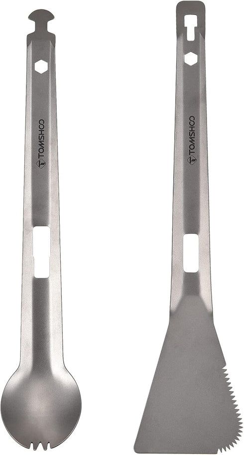 HUIOP Titanium Tongs, Multi-Purpose BBQ Serving Tongs with Spork and Serrated Spatula for Camping and Cooking