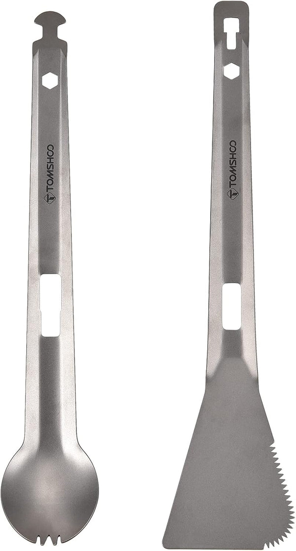 HUIOP Titanium Tongs, Multi-Purpose BBQ Serving Tongs with Spork and Serrated Spatula for Camping and Cooking