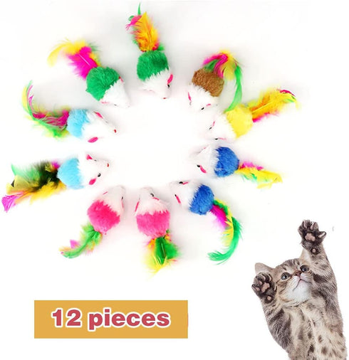 pawstrip 12 Pcs Cat Mouse Toys - Rattle Mice for Indoor Cats, Interactive Play Squeaky Fur Mice with Rattling Sounds