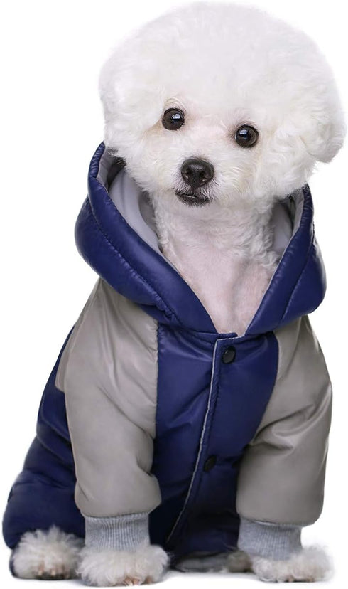 Winter Small Medium Dog Coat, Hooded Four-Legged Jacket Cotton-Padded for Puppy Cat Doggie Pets (Small, Navy)