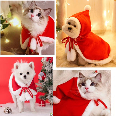ANIAC Pet Christmas Costume Poncho Cape with Hat, Santa Claus Cloak for Cats & Small Dogs (Large, Red)