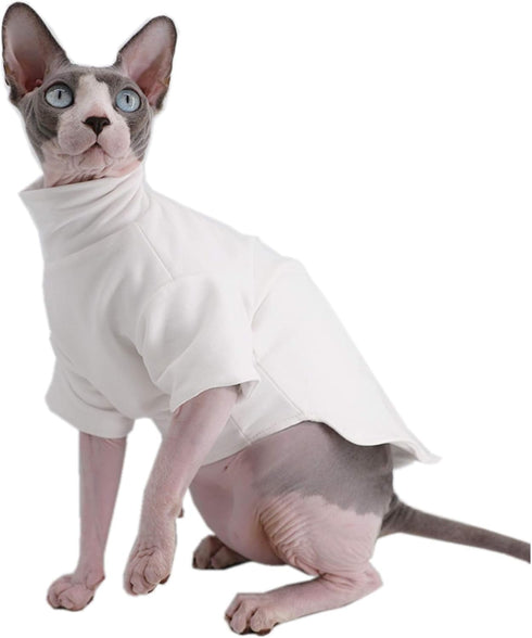 Winter Thick Cotton T-Shirts for Sphynx Cats, Double-Layer Pullover Kitten Shirts with Sleeves, White (M 5.5-7.1 lbs)