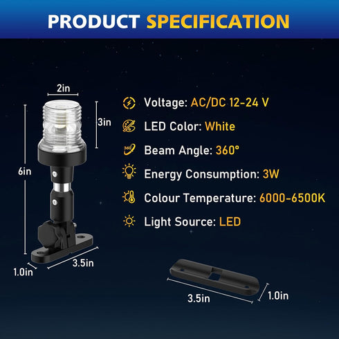 6 Inches IP67, 3NM Pontoon Stern Light Bimini Mount, Bimini Light for Pontoon Boat LED Waterproof Boat Anchor Lights
