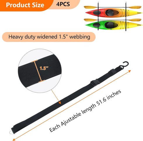 Kayak Storage Strap System with Adjustable Hanging Straps for 1 or 2 Kayaks, Paddle Board, Canoe