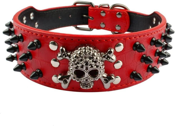 Spiked Studded Dog Collar, Stylish Leather for Medium & Large Dogs, 2 Inch Width (M, Red)