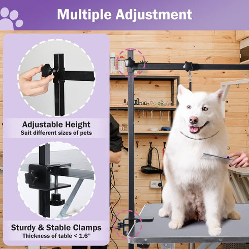 H-Shape Dog Grooming Arm with Clamp, Heavy Duty Adjustable Pet Grooming Table Arm for Large & Small Pets