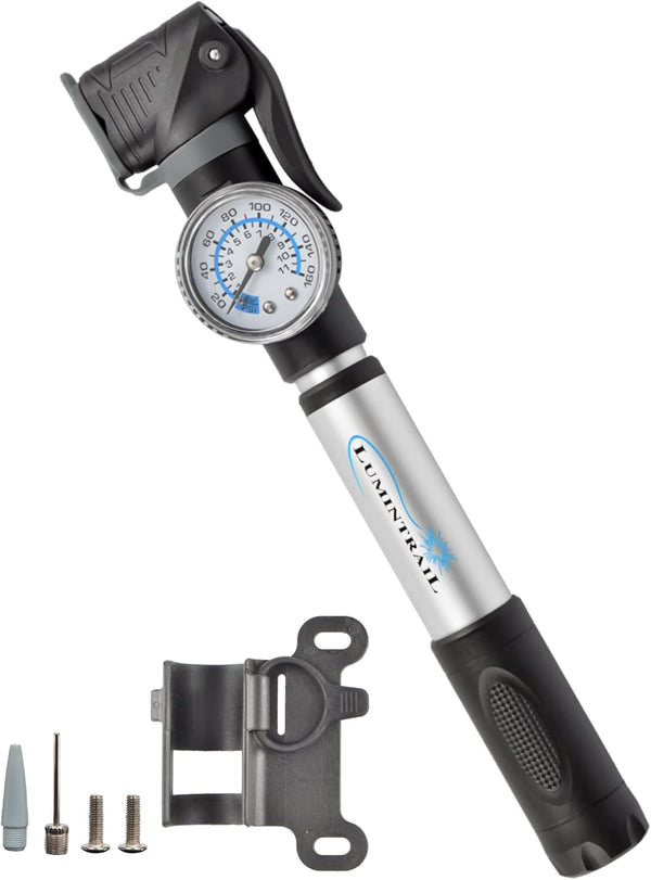 Lumintrail Portable Mini Bike Pump, Fits Presta & Schrader Valves, Frame Mount Tire Air Pump with Pressure Gauge