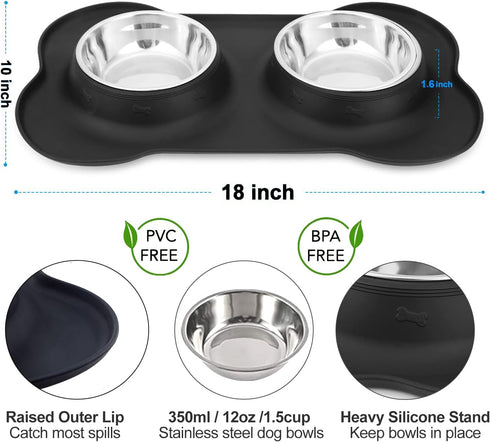 AsFrost Dog Food Bowls Stainless Steel Pet Bowls & Dog Water Bowls with No-Spill and Non-Skid, Feeder Bowls with Dog Bowl Mat for Small Medium Large Size Dogs Cats Puppy Pets, Dog Dishes, Black, 12oz