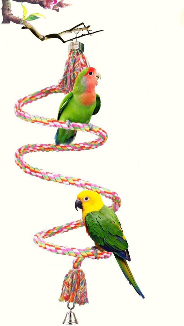 SunGrow Rope Perch for Parrots, 59” Long Bungee Bird Toy, Brightly Colored with Jingling Bell