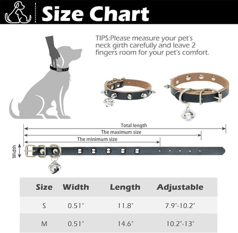 BINGPET Spiked Dog Collar for Small Dogs, Genuine Leather Puppy Cat Collar with Bells, Soft Studded for Pets (Black, S)