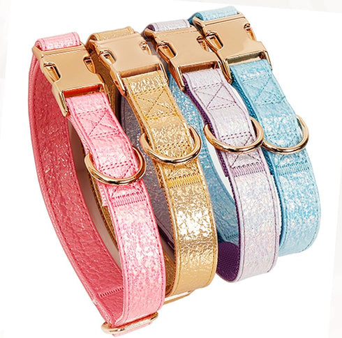 Glare Gold Dog Collar, Leather and Nylon Double Layer Design, Adjustable Heavy Duty with Quick Release Buckle for Dogs