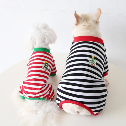 Hdwk&Hped Soft Cotton Dog Pajamas, Striped Solid Pet Jumpsuit for Small Dog Cat Puppy, 3 Styles (Christmas Style 2-Pack)