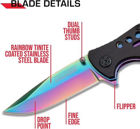 TAC Force Spring Assisted Folding Pocket Knife - Rainbow TiNite Coated Blade with Black Aluminum Handle