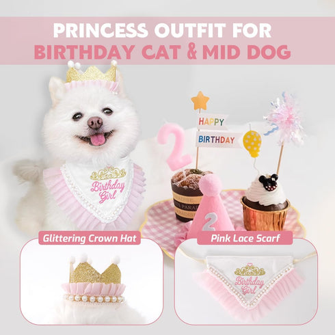 Girl Dog Birthday Hat Bandana kit, Princess Dog Birthday Decorations Girls with Crown for Cats Dogs 1st Birthday Gift Pet Birthday Party Dog Birthday Outfit with Pearl (PinkGold)