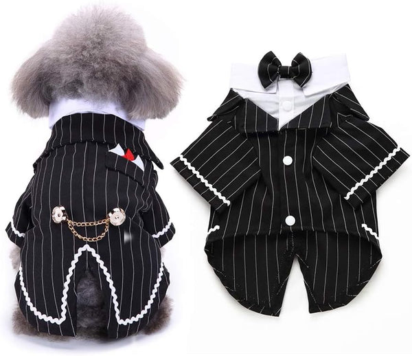 Gentleman Dog Shirt Pet Clothes, Bow Tie Costume, Cat Wedding Formal Tuxedo Suit, Prince Wedding Outfit (L, Black)
