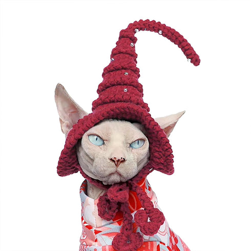 Handmade Pet Wizard Hat for Cats and Small Dogs, Knitted Halloween Costume Accessories with Beads (Red)