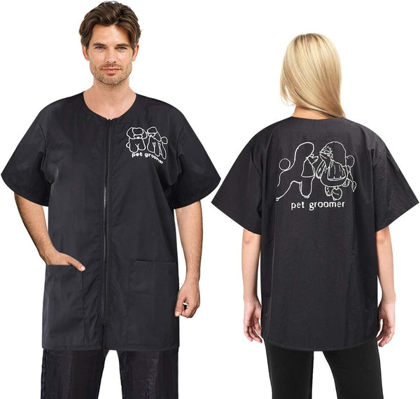 Noverlife Short Sleeves Pet Grooming Work Clothes - XL Splash Proof Anti-Static Smock for Dog Cat Groomer Cosmetologist
