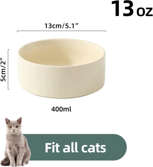 Ceramic Set of 2 Cat Bowls, Food and Water Bowls for Cats, Kitty, 2pcs Cat Dishes, Cat Feeder(5.1inch, 2 x Beige Bowls)