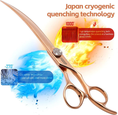 Rose Gold Titanium Curved Dog Grooming Scissors 8'' - Downward 30° with Jewelled Screw, Professional Trimming Shears