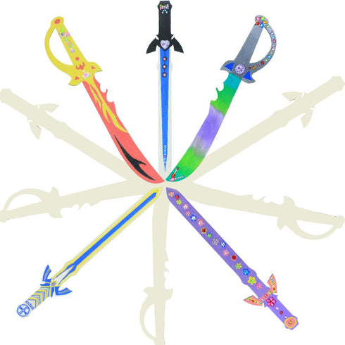 Ninja Pirate Style Wooden Sword Toy, Unfinished Wooden Crafts DIY Painting Set, 5pack for Kids Role Playing Games