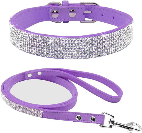 Cute Dazzling Sparkling Soft Suede Leather Bling Rhinestone Collar and Leash Combo Set for Medium Dogs