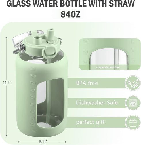 84oz 2.5l BLUEGO Water Bottle Glass with Stainless Steel Handle Large Water Bottle with Time Markers and Silicone