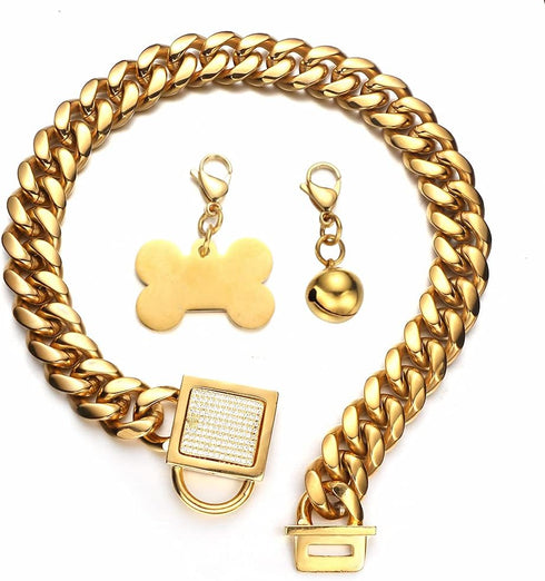 Strong Chain Dog Collar for Large Dogs, Gold Cuban Link with Bling Cubic Zirconia Buckle, 18mm Metal Chain with Gold
