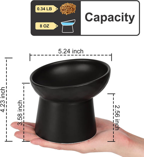Elevated Cat Bowl Black, Tilted Angle Ceramic Food and Water Bowls for Cats and Small Dogs, 8 Ounces