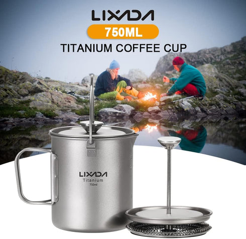 Lixada Titanium Pot 750ml Camping Coffee Cup Mug, French Press Pot with Folding Titanium Spoon
