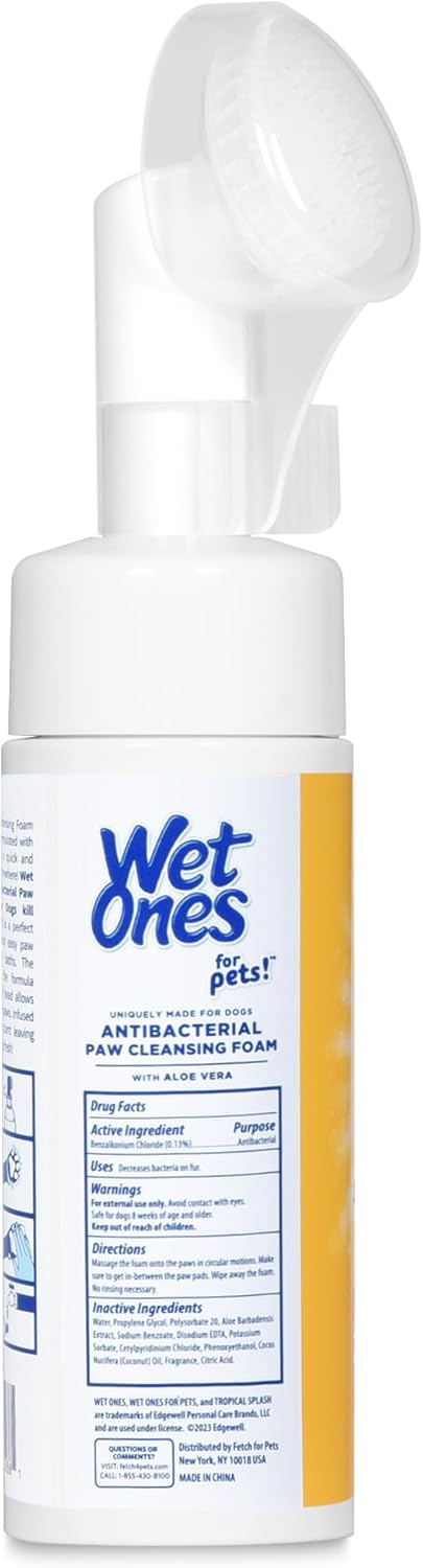 Wet Ones for Pets Antibacterial Dog Paw Cleansing Foam with Built-in Scrubber Brush, Tropical Splash Scent, 5 oz