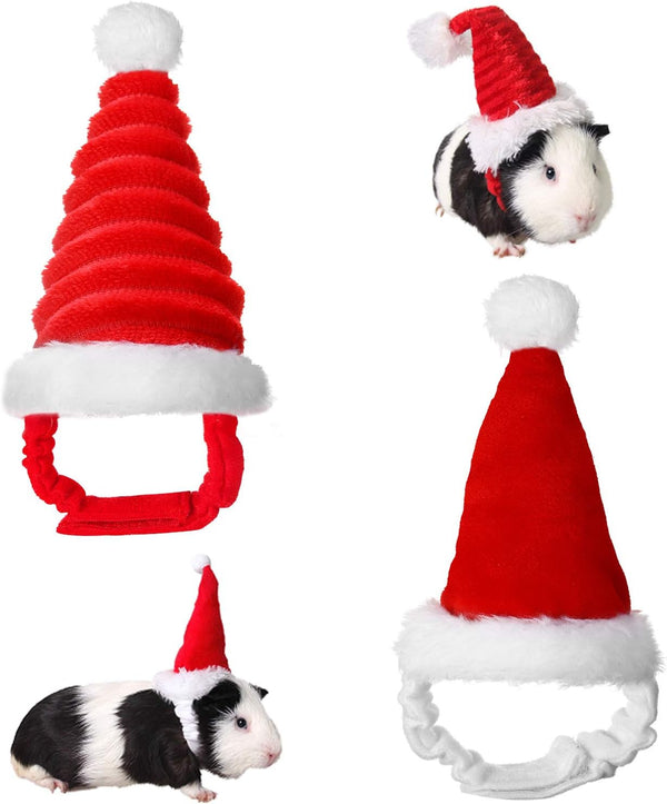 2 Pieces Guinea Christmas Hat - Adjustable Elastic Band Santa Claus Cap for Small Animal Christmas Party Decor