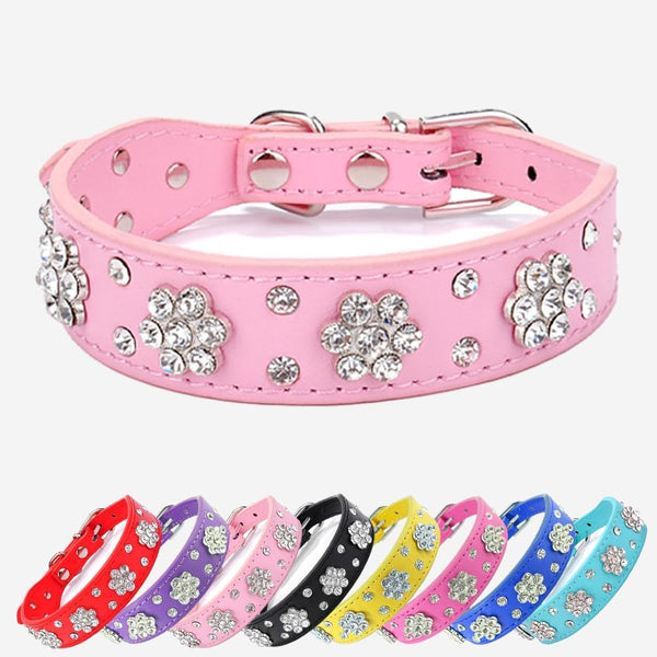 Rhinestone Flower Dog Collar, Sparkling Leather for Small and Medium Dogs (Pink, XS)