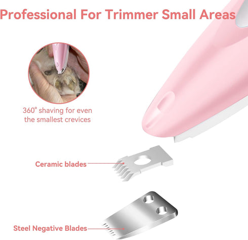 Dog Paw Trimmer, Portable Pink Clippers with LED Lights, Low Noise Rechargeable Cordless Grooming Hair Removal