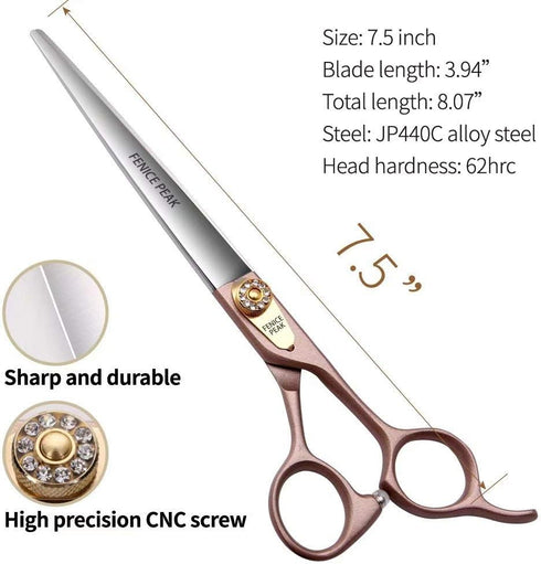 Fenice Peak 7.5'' Dog Straight Scissors for Grooming, 440C Stainless Steel Rose Gold Professional Pet Trimming