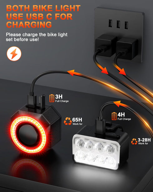 1200 Set ONVIAN Smart Bike Tail Light Alarm and Rechargeable Lumen Bike Headlight for Night Riding, Antitheft Bike Horn