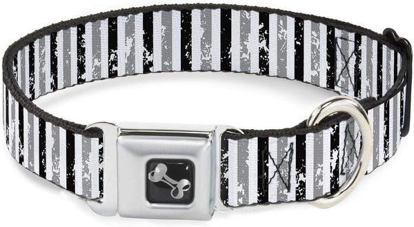 Dog Collar with Seatbelt Buckle, Vertical Stripes White Black Gray, 16 to 23 Inches, 1.5 Inch Wide